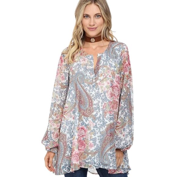 Show Me Your Mumu Women's Jamie Tunic, Gray Gardens Long Sleeves Women's Size M - Picture 1 of 16